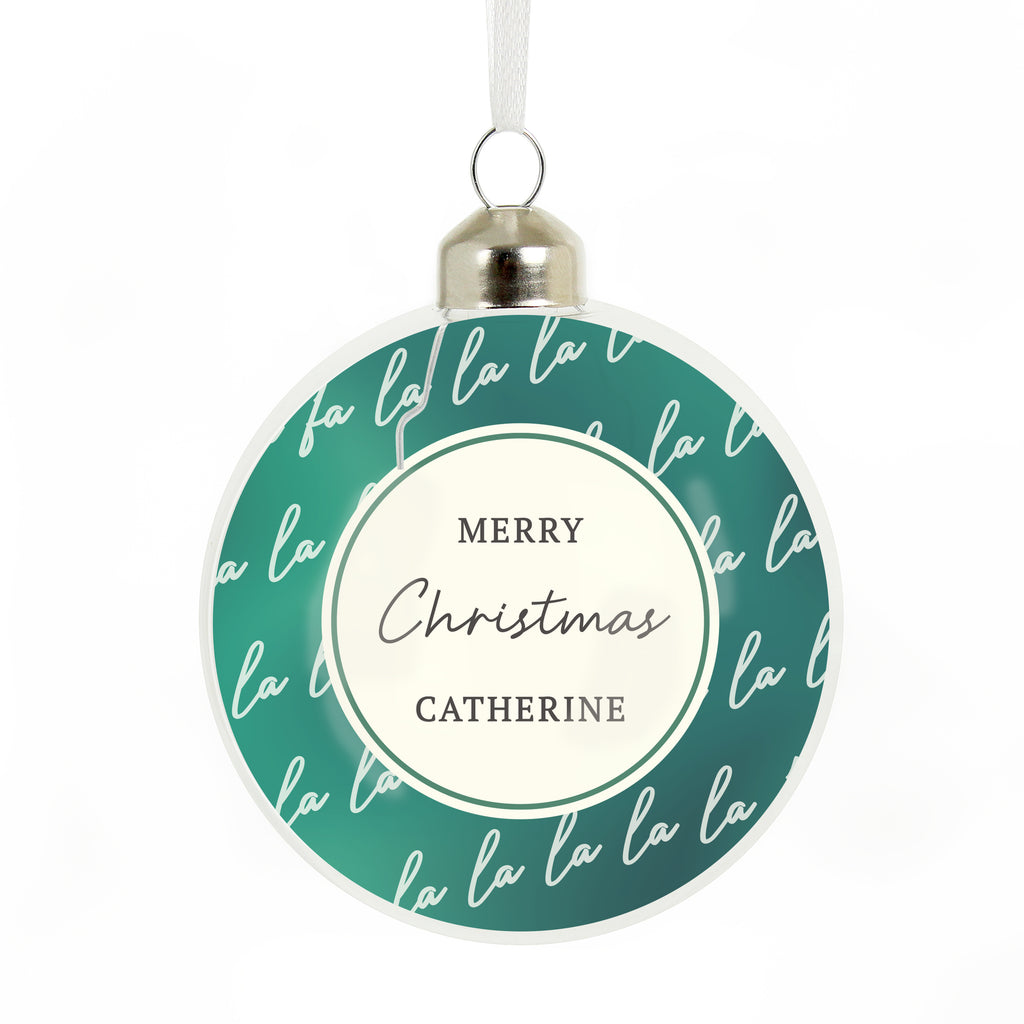 Personalised Fa La La Glass Bauble with personalised text, view 3