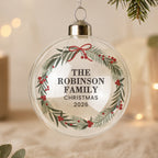 Personalised Green Christmas Wreath Glass Bauble with personalised text, view 4