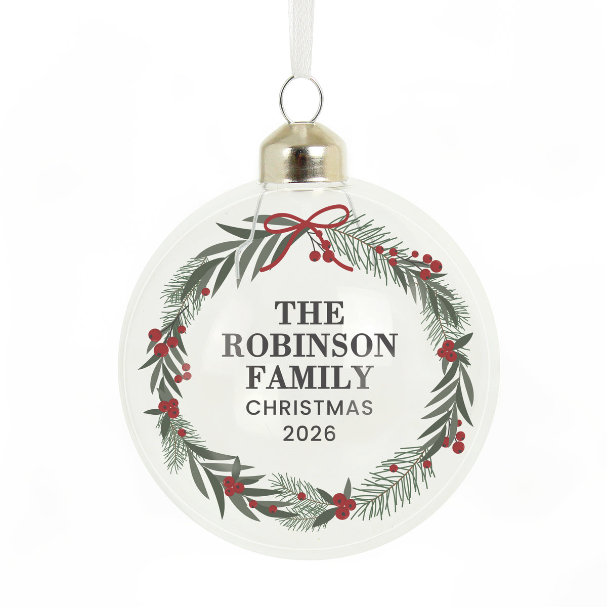 Personalised Green Christmas Wreath Glass Bauble with personalised text, view 3
