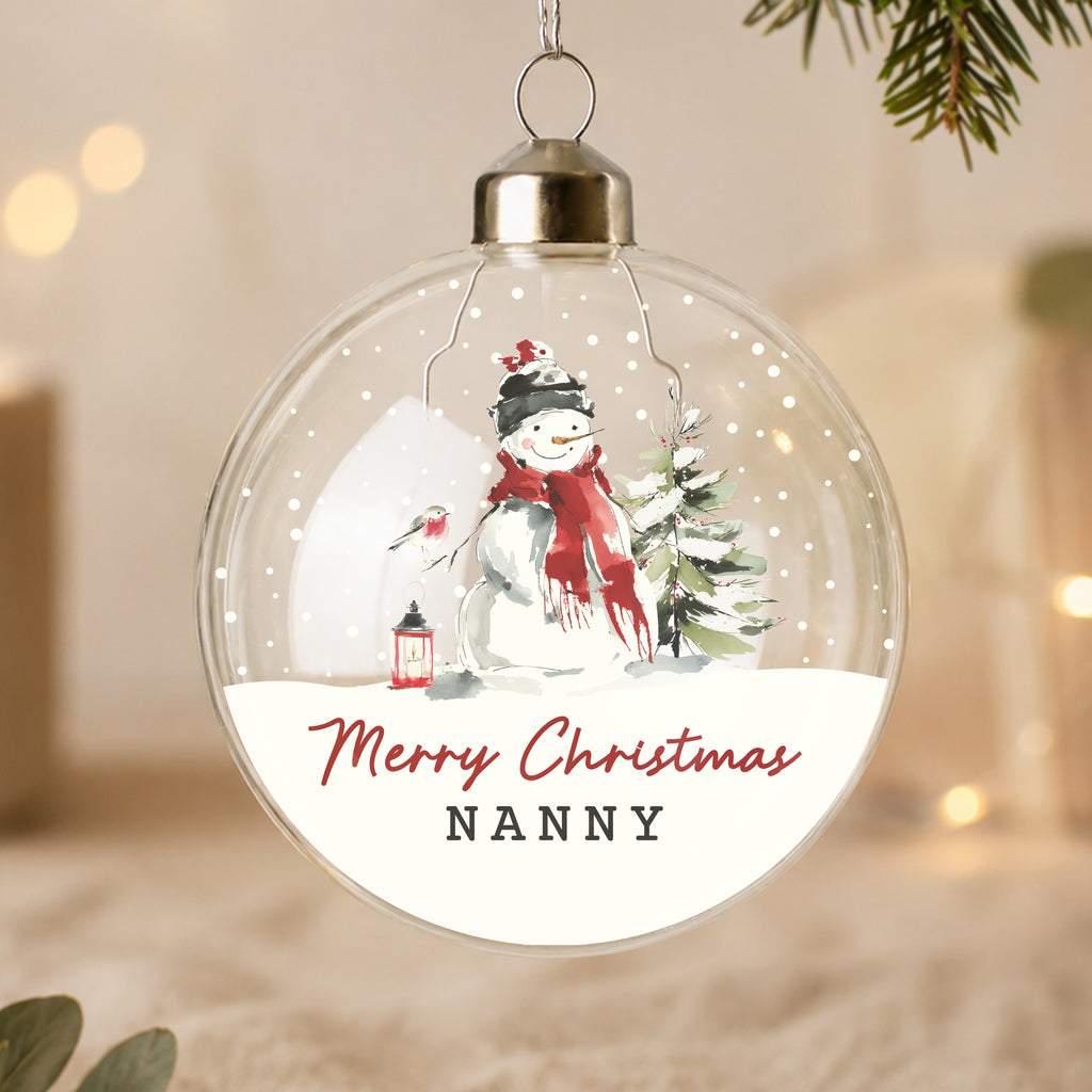 Personalised Traditional Snowman Glass Bauble with personalised text, view 4
