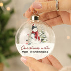 Personalised Traditional Snowman Glass Bauble hanging on a Christmas tree