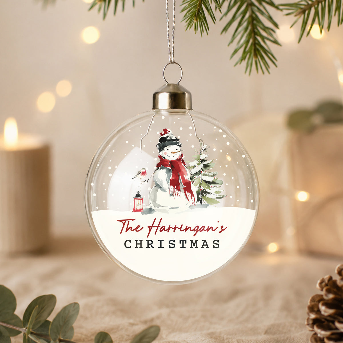 Personalised Traditional Snowman Glass Bauble with personalised text, view 2