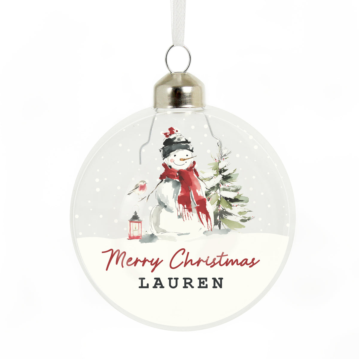 Personalised Traditional Snowman Glass Bauble with personalised text, view 3