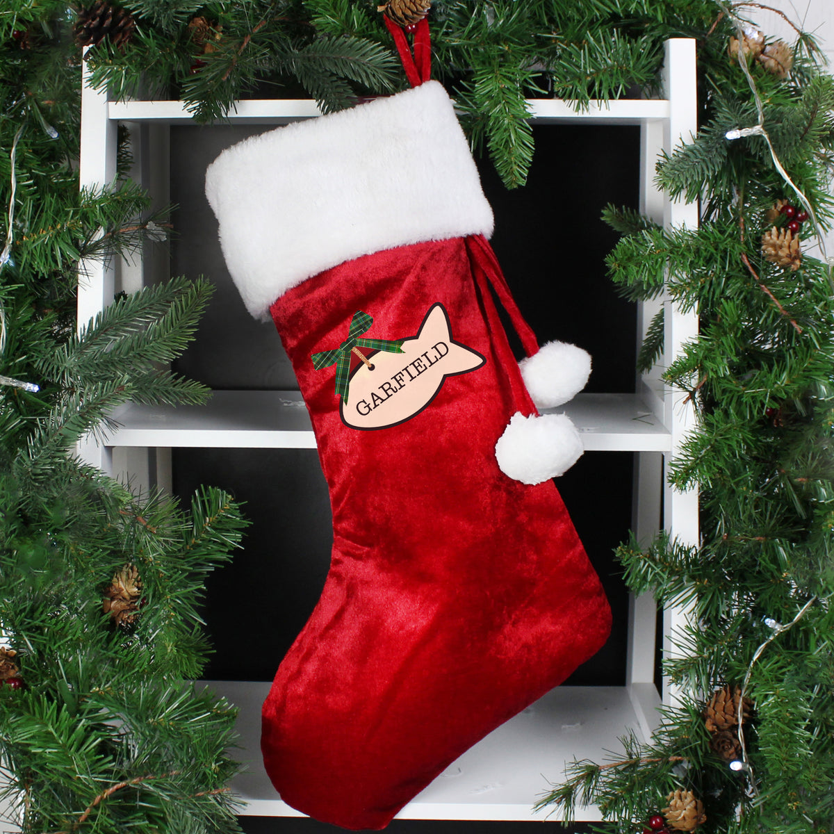 Personalised Cat Treats Red Christmas Stocking with personalised text, view 4