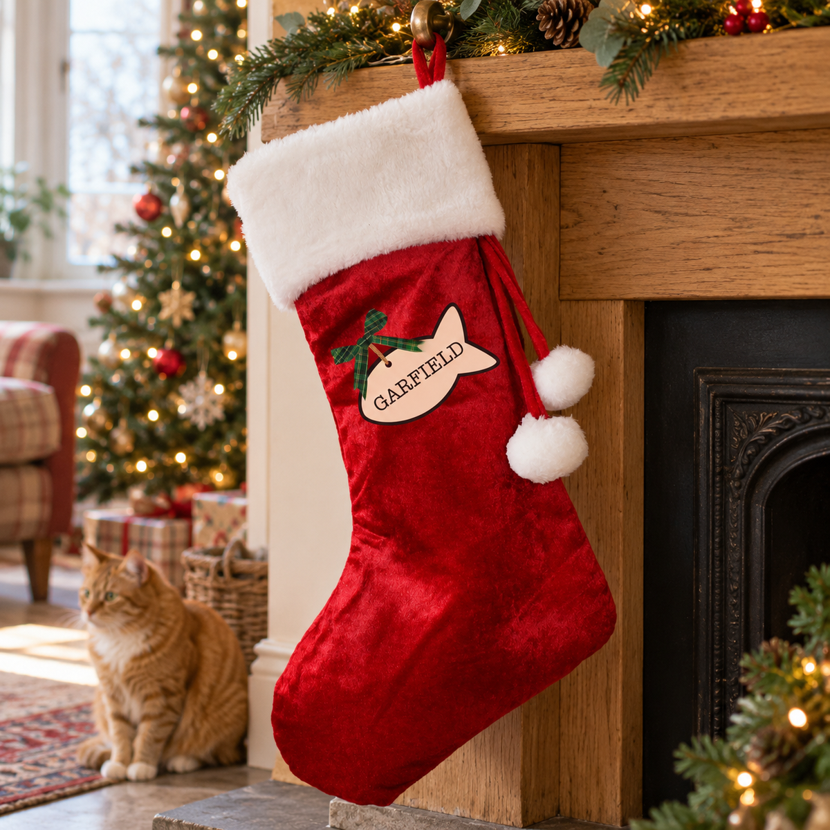 Personalised cat treats red Christmas stocking hanging on the fireplace with a cat nearby