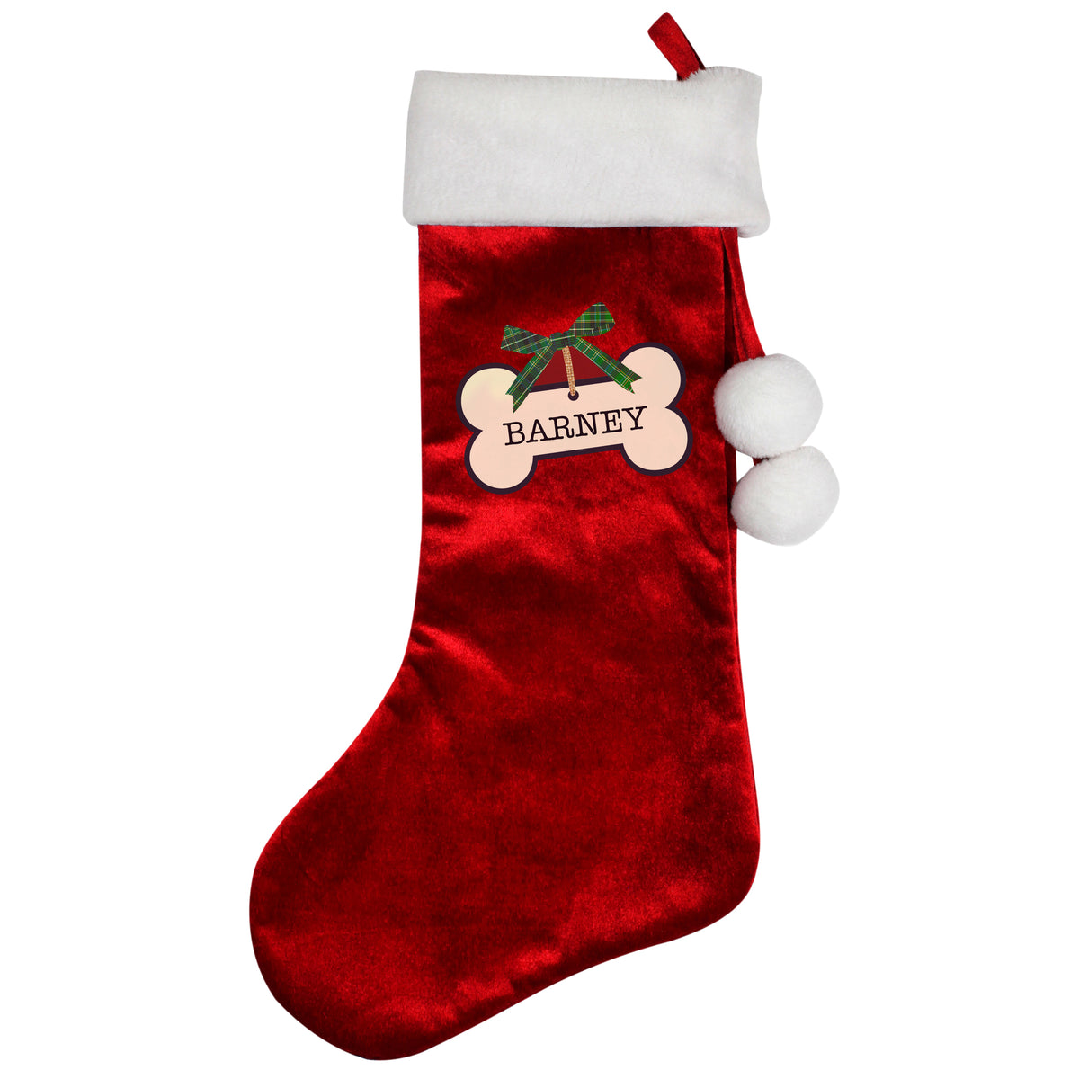 Personalised dog treats red Christmas stocking hanging by the fireplace