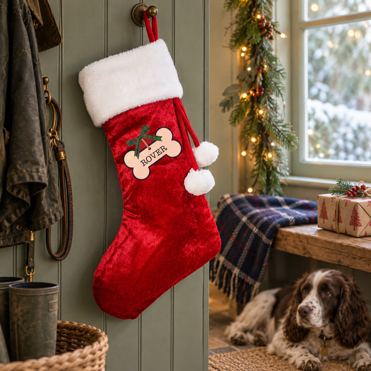 Personalised dog treats red Christmas stocking hanging in a boot room with a spaniel