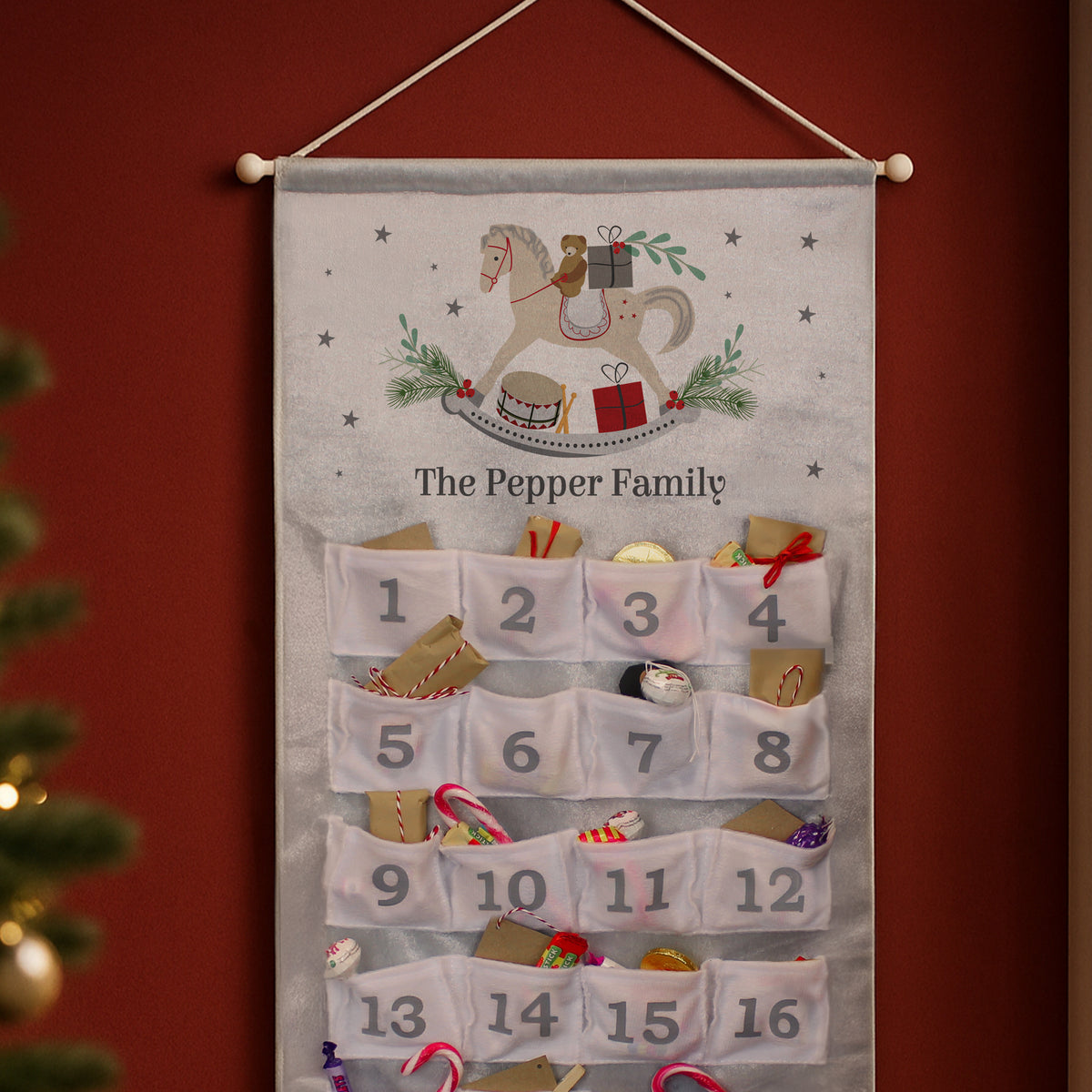 Personalised Rocking Horse Silver Grey Advent Calendar with personalised text, view 3