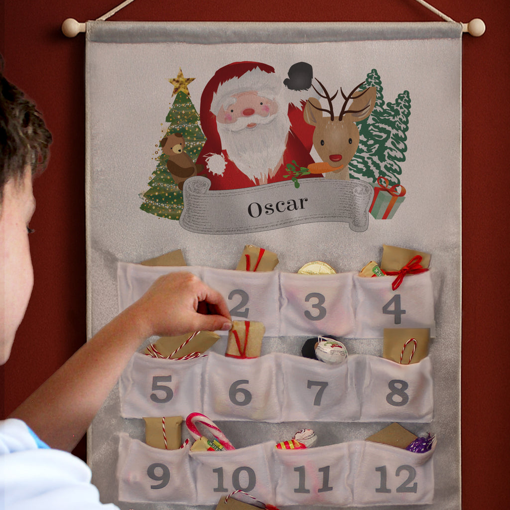 Personalised Santa Silver Grey Advent Calendar hanging on the wall at Christmas
