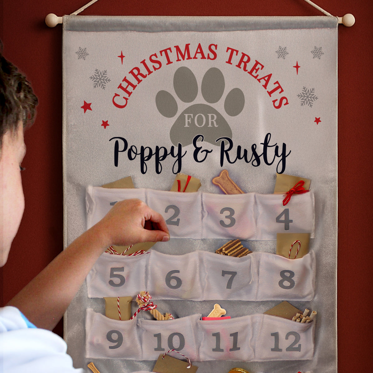 Personalised Pet Silver Grey Advent Calendar hanging on the wall at Christmas