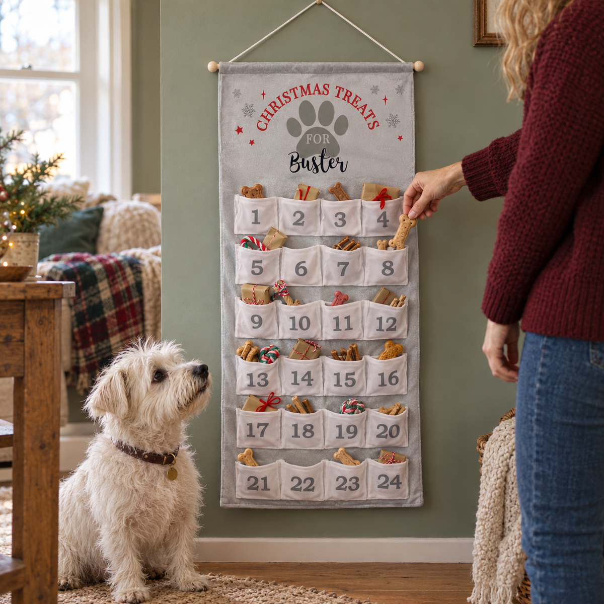 Dog waiting for a treat from the Personalised Pet Advent Calendar