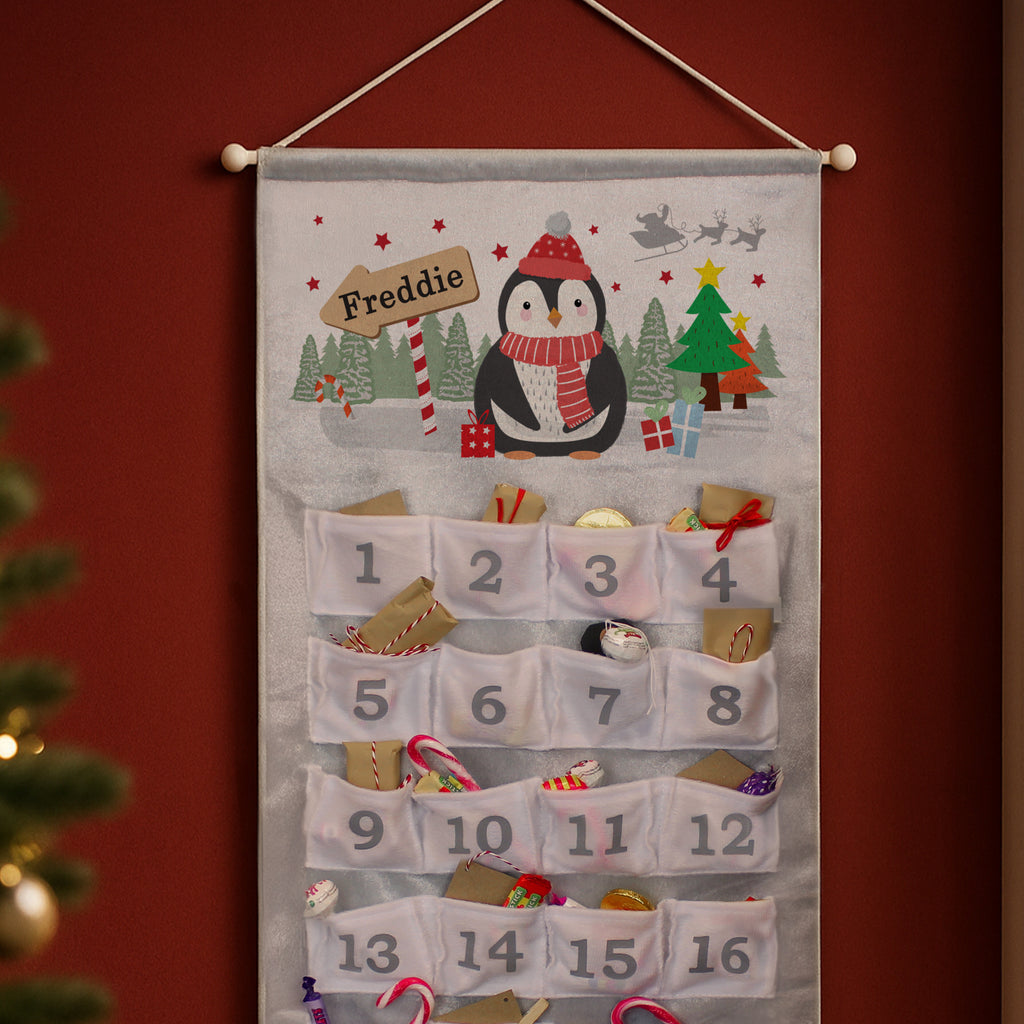 Personalised Christmas Penguin Silver Grey Advent Calendar with personalised text, view 3