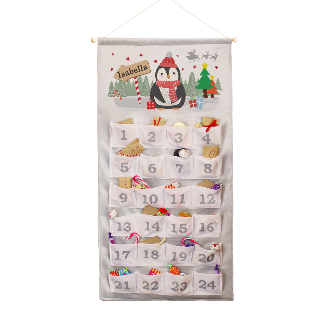Personalised Christmas Penguin Silver Grey Advent Calendar with personalised text, view 4