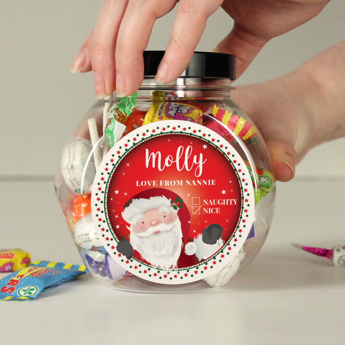 Personalised Santa Naughty or Nice Sweet Jar with personalised text, view 2