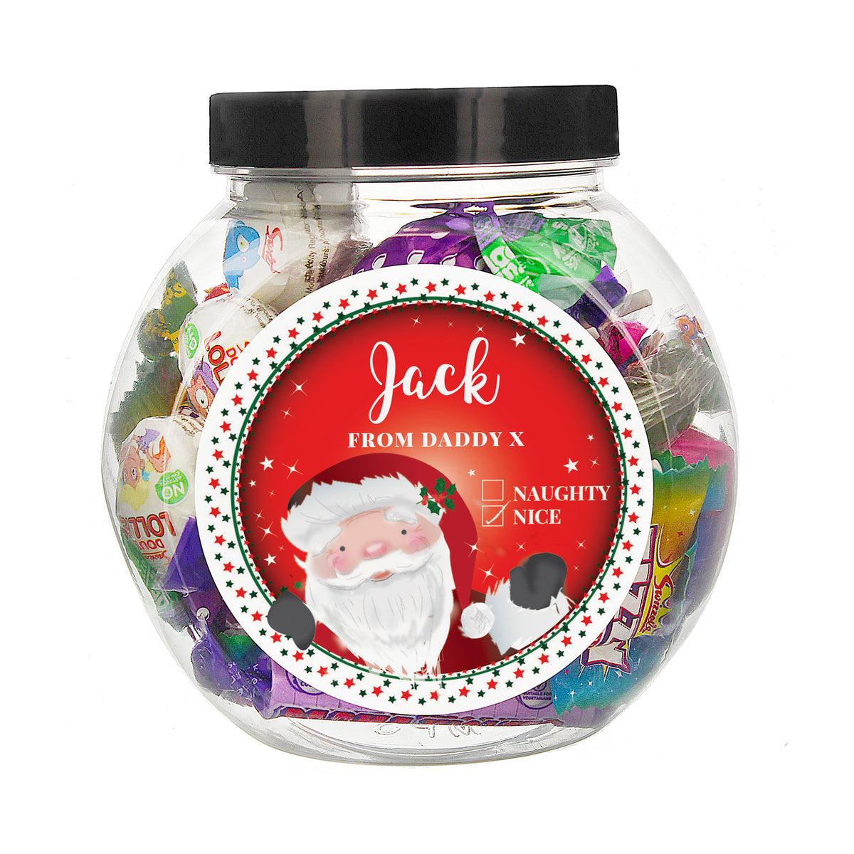 Personalised Santa Naughty or Nice Sweet Jar with personalised text, view 3
