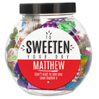 Personalised To Sweeten Your Day sweet jar filled with sweets on a festive desk