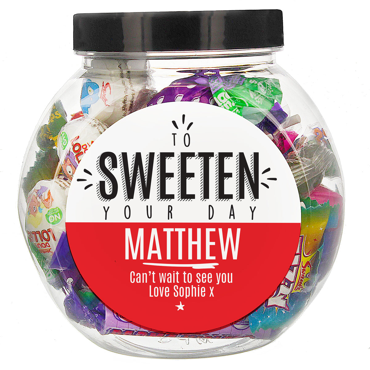 Personalised To Sweeten Your Day sweet jar filled with sweets on a festive desk
