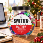 Personalised To Sweeten Your Day sweet jar filled with sweets on a festive desk