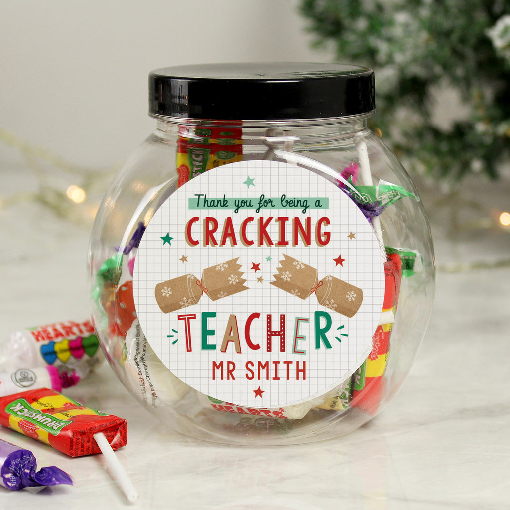 Personalised Cracking Teacher Christmas Sweet Jar with personalised text, view 4