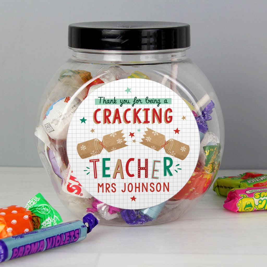 Personalised Cracking Teacher Christmas Sweet Jar with personalised text, view 2