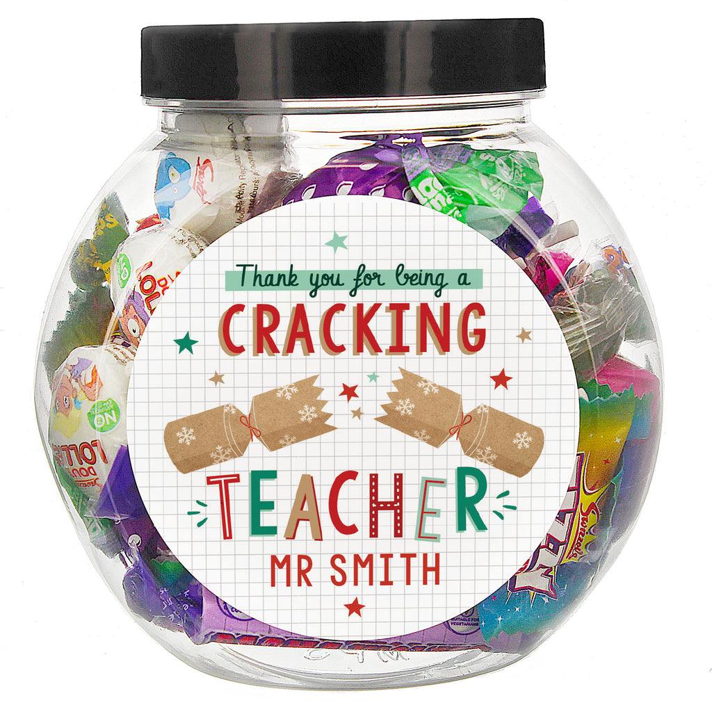 Personalised Cracking Teacher Christmas Sweet Jar with personalised text, view 3