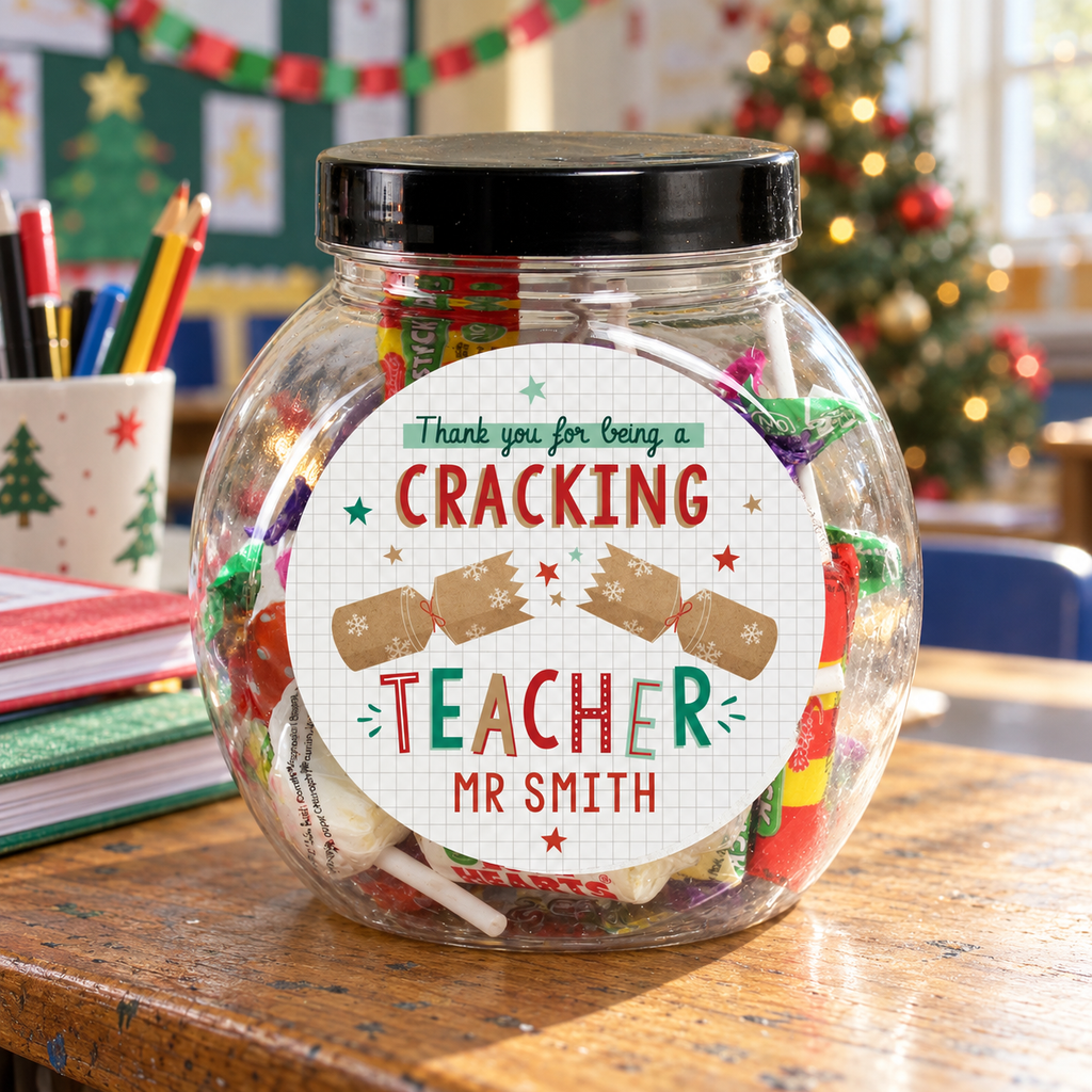 Personalised Cracking Teacher Christmas sweet jar on a classroom desk