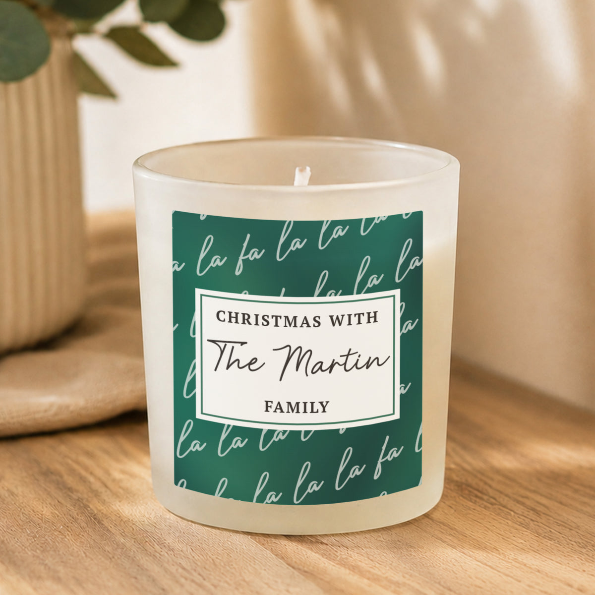 Personalised Fa La La Christmas Candle Jar with personalised text, view 2