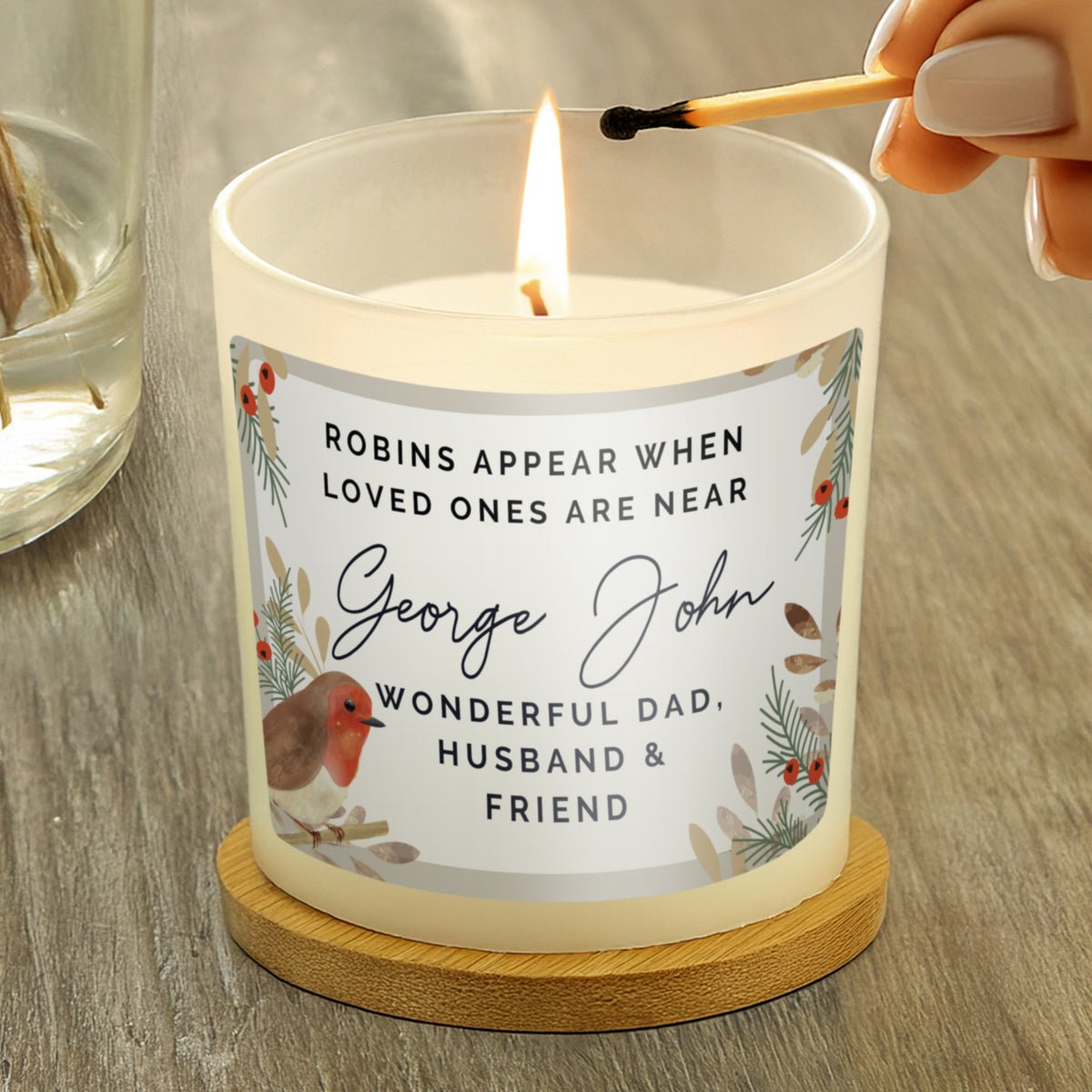 Personalised Robins Appear Memorial Candle Jar with personalised text, view 5