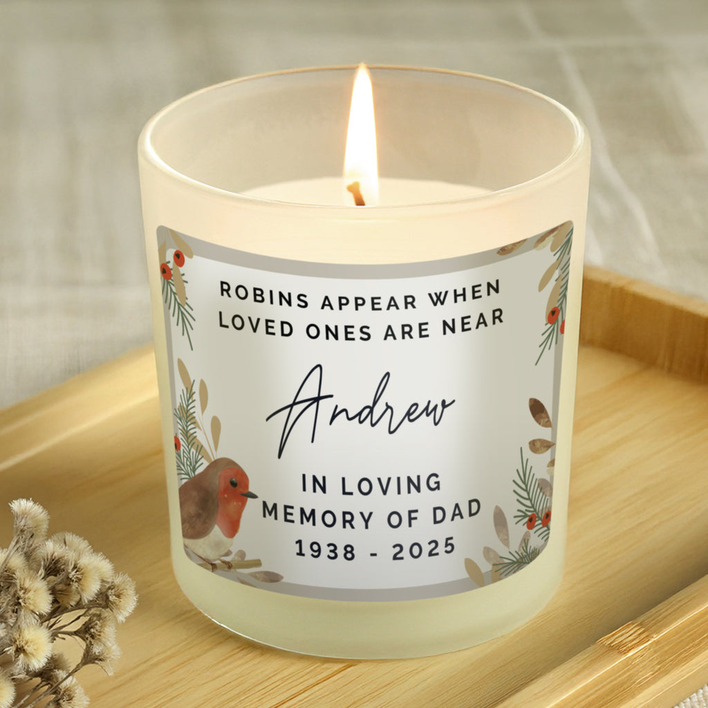 Personalised Robins Appear memorial candle jar being lit