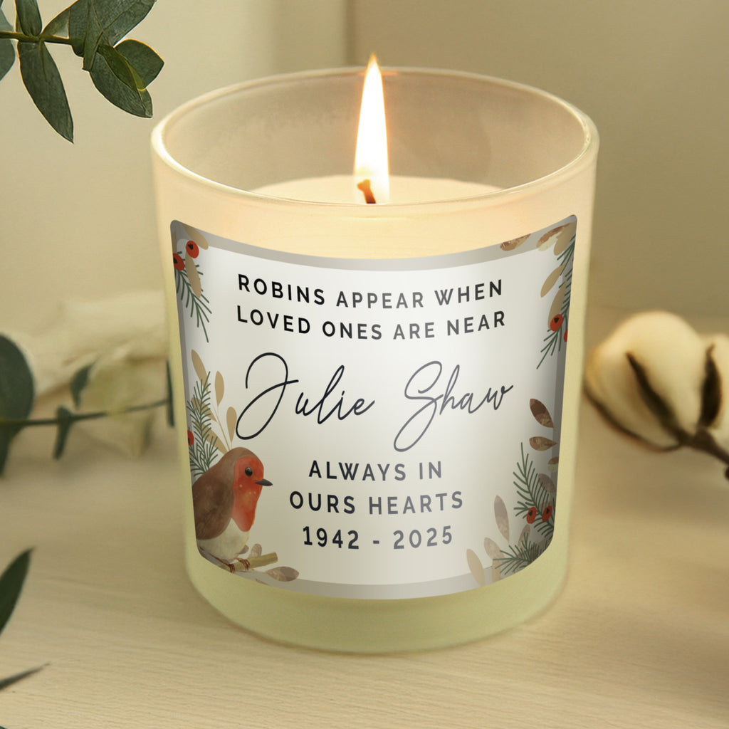 Personalised Robins Appear Memorial Candle Jar with personalised text, view 2