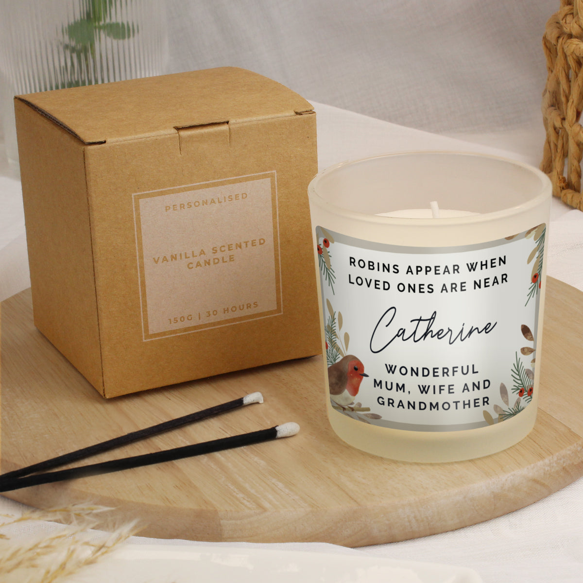 Personalised Robins Appear Memorial Candle Jar with personalised text, view 3