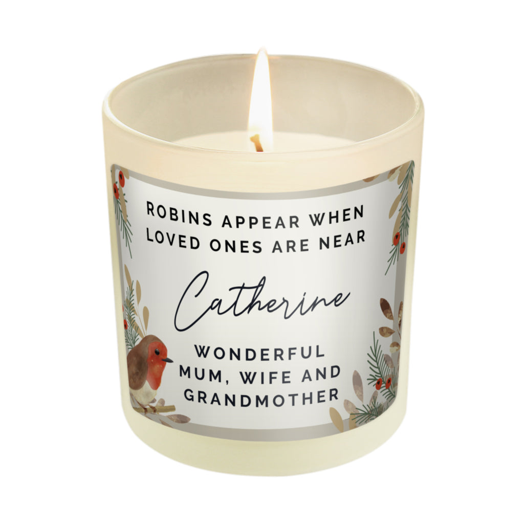 Personalised Robins Appear Memorial Candle Jar with personalised text, view 4