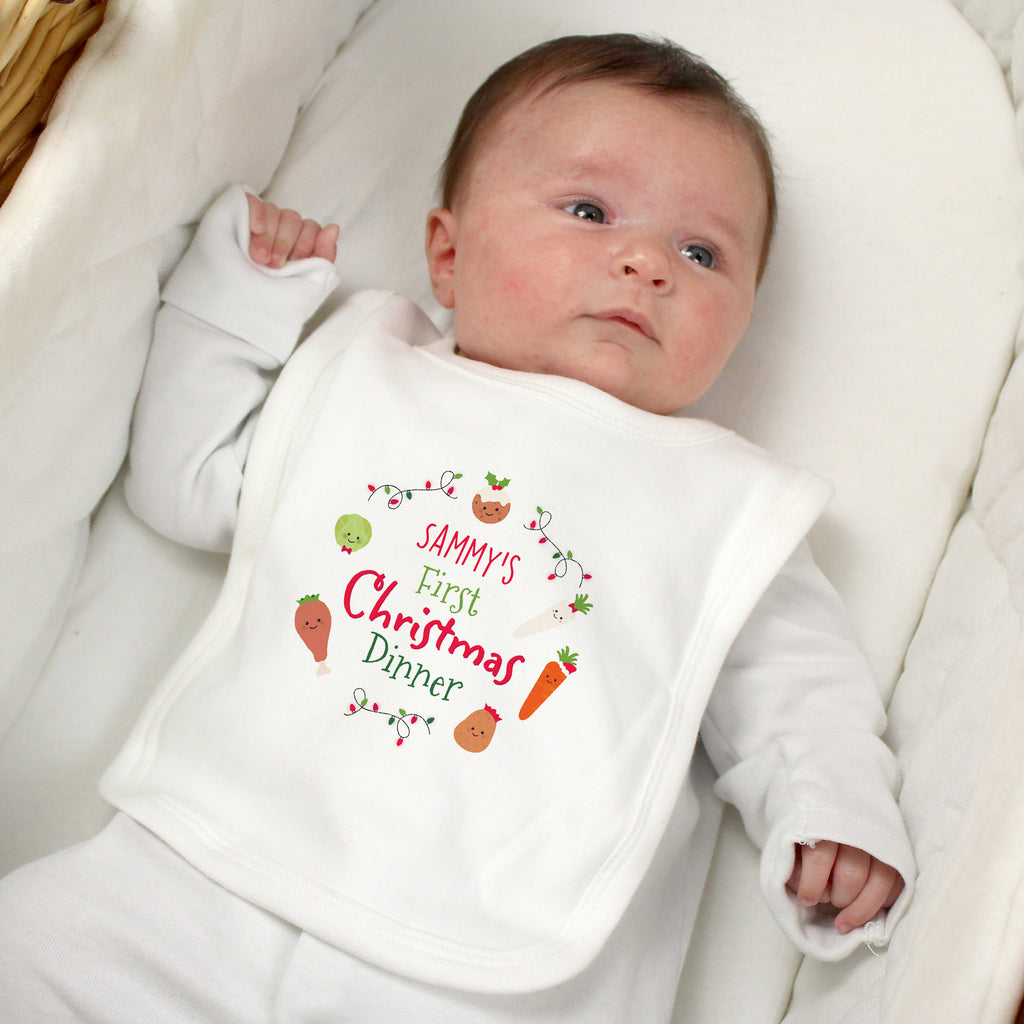 Personalised First Christmas Dinner Bib with personalised text, view 3