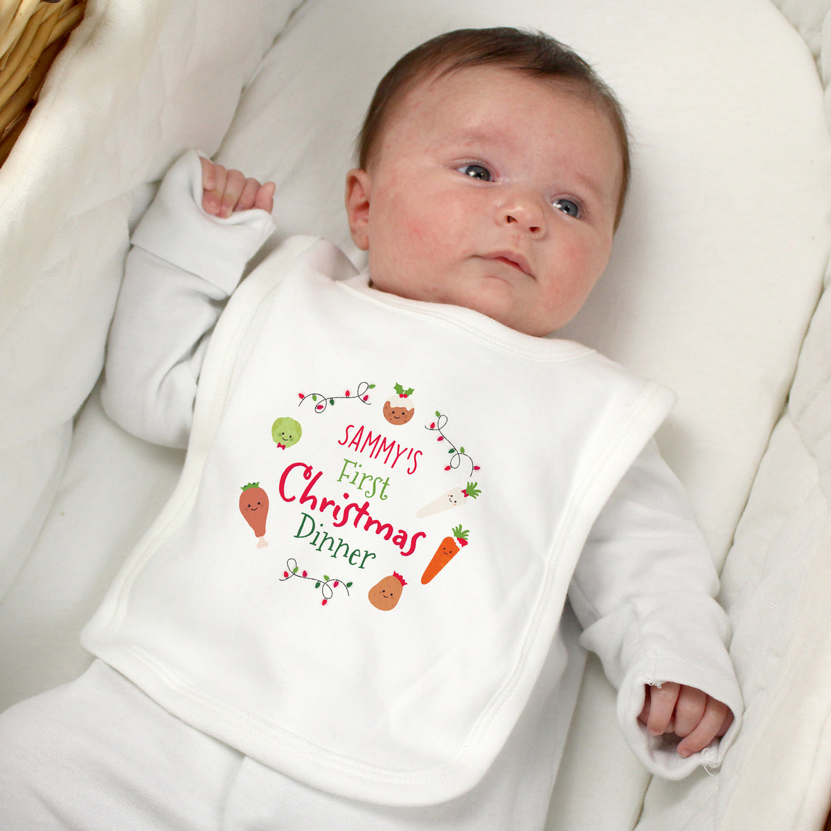Personalised First Christmas Dinner Bib with personalised text, view 3
