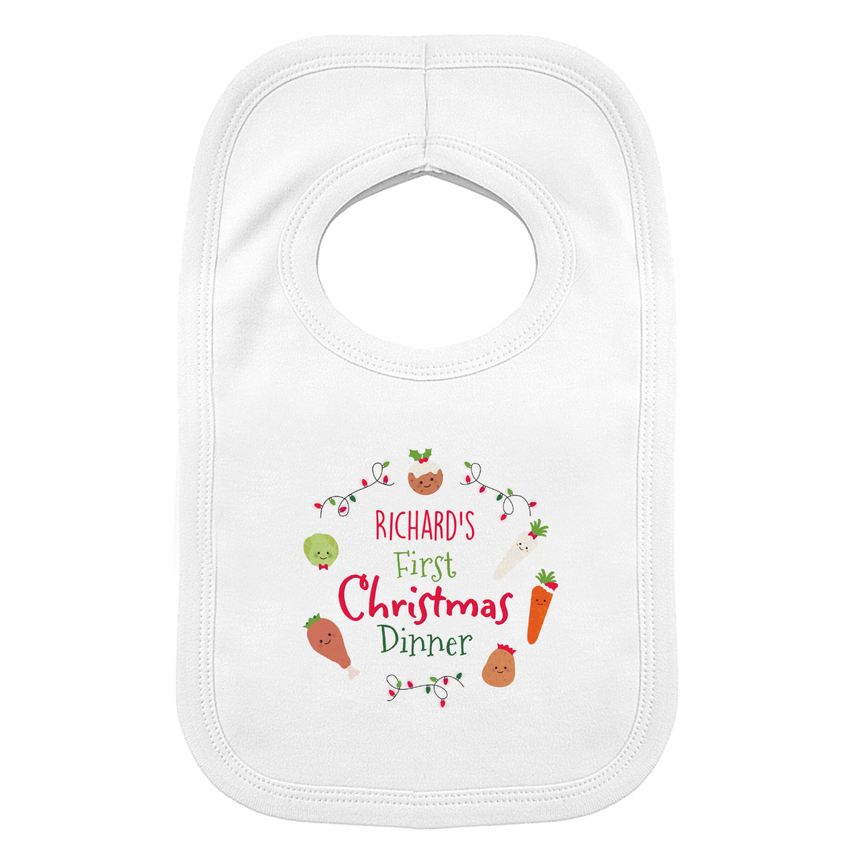 Baby wearing a personalised First Christmas Dinner bib