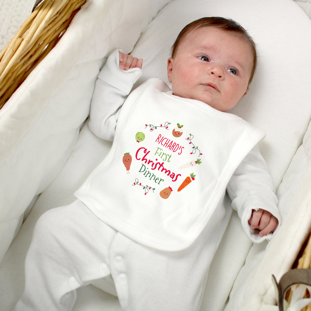 Personalised First Christmas Dinner Bib with personalised text, view 2