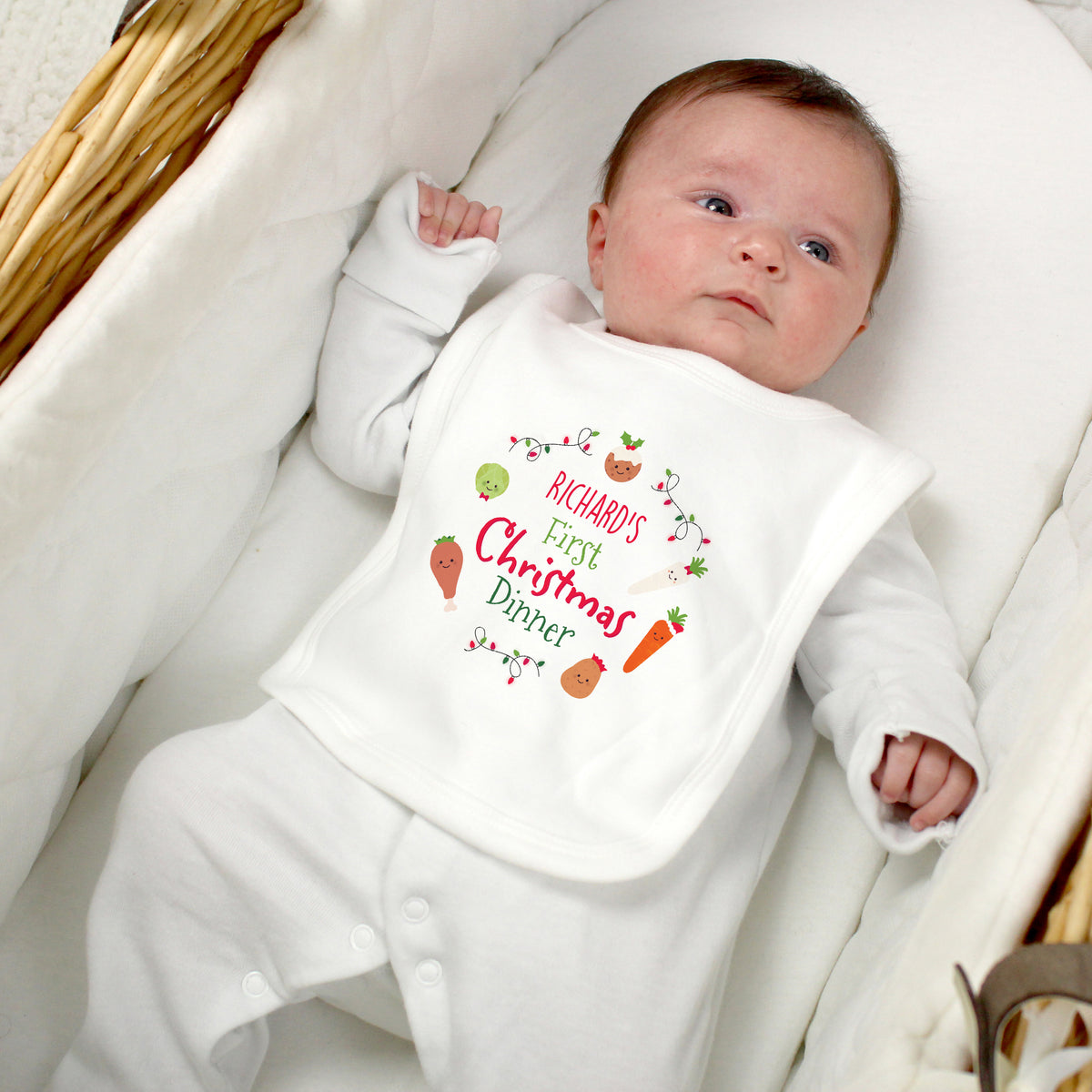 Personalised First Christmas Dinner Bib with personalised text, view 2