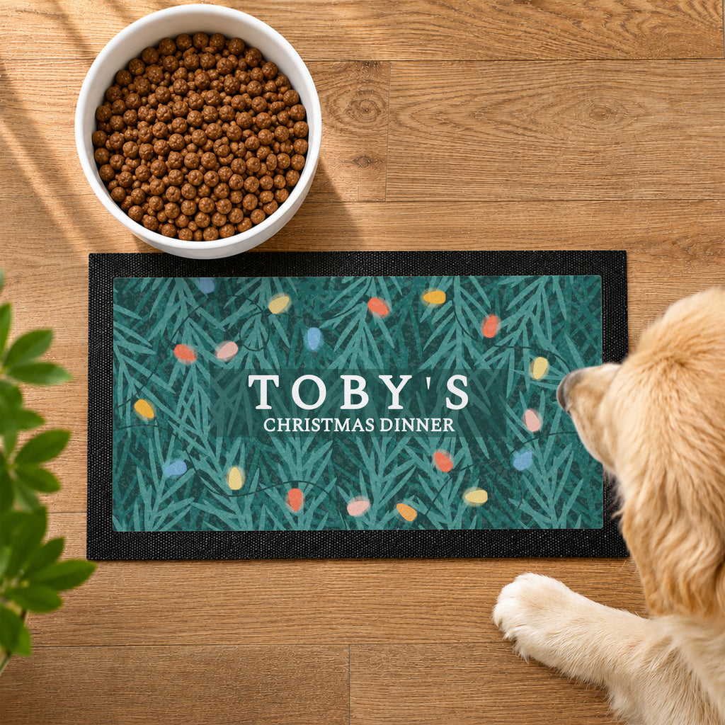 Personalised Christmas Fairy Lights Pet Bowl Mat with personalised text, view 5