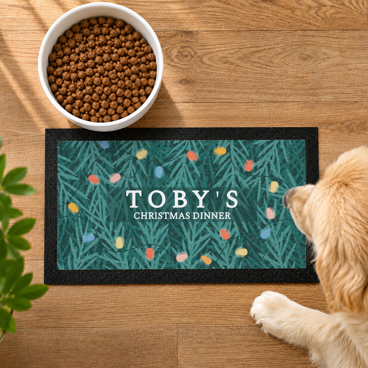 Personalised Christmas Fairy Lights Pet Bowl Mat with personalised text, view 5