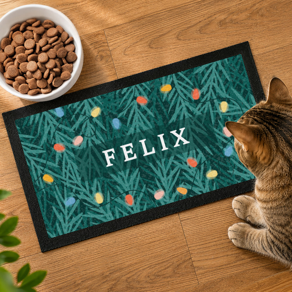 Personalised Christmas Fairy Lights Pet Bowl Mat with personalised text, view 2