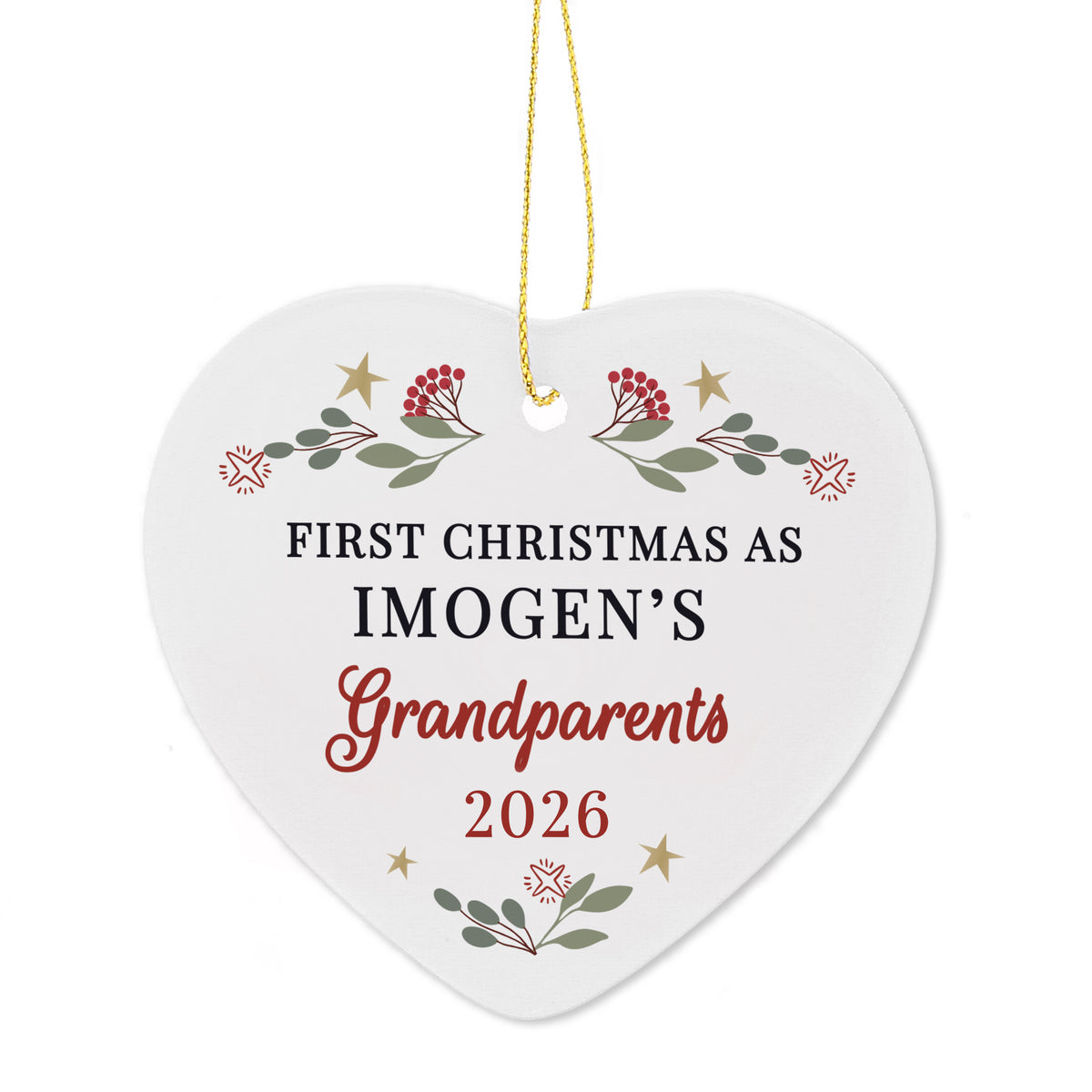 Personalised First Christmas as Grandparents Ceramic Heart Decoration with personalised text, view 3