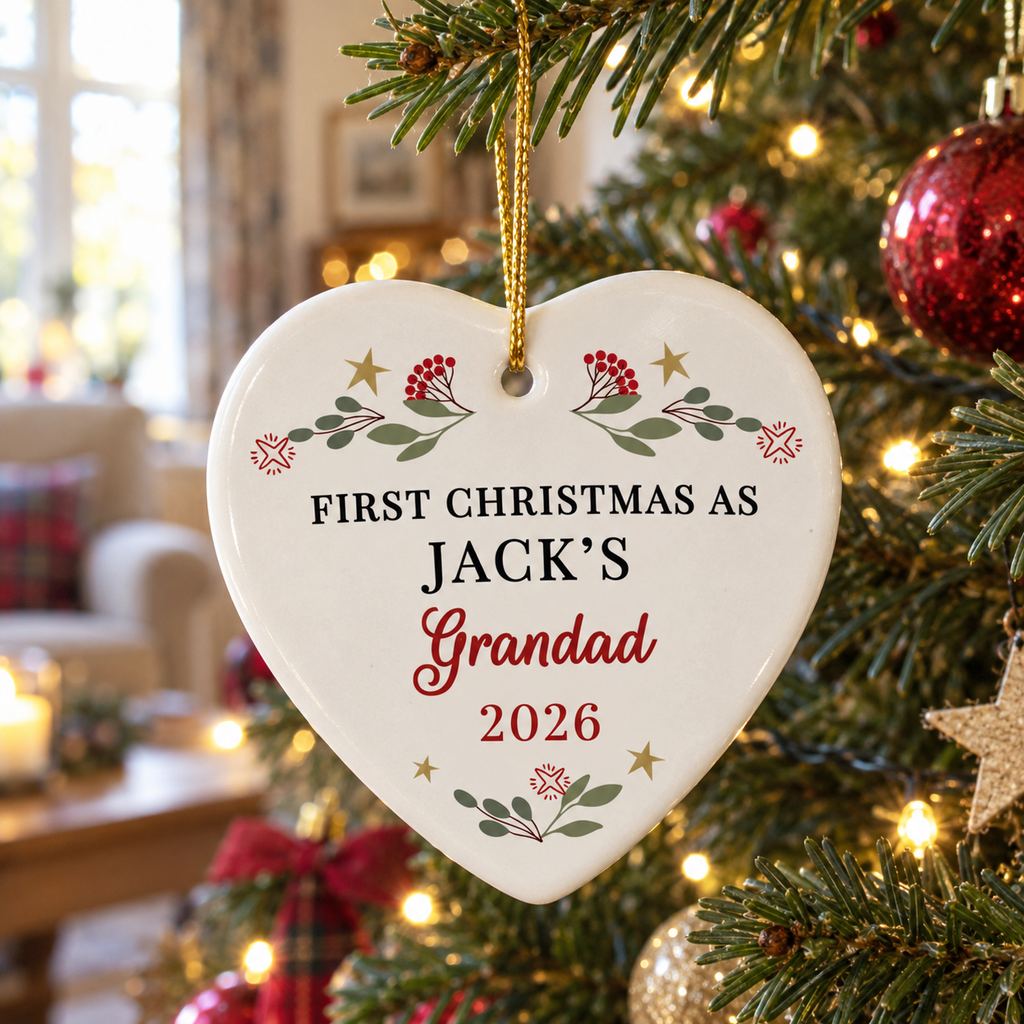 Personalised First Christmas as Grandparents ceramic heart hanging on a Christmas tree