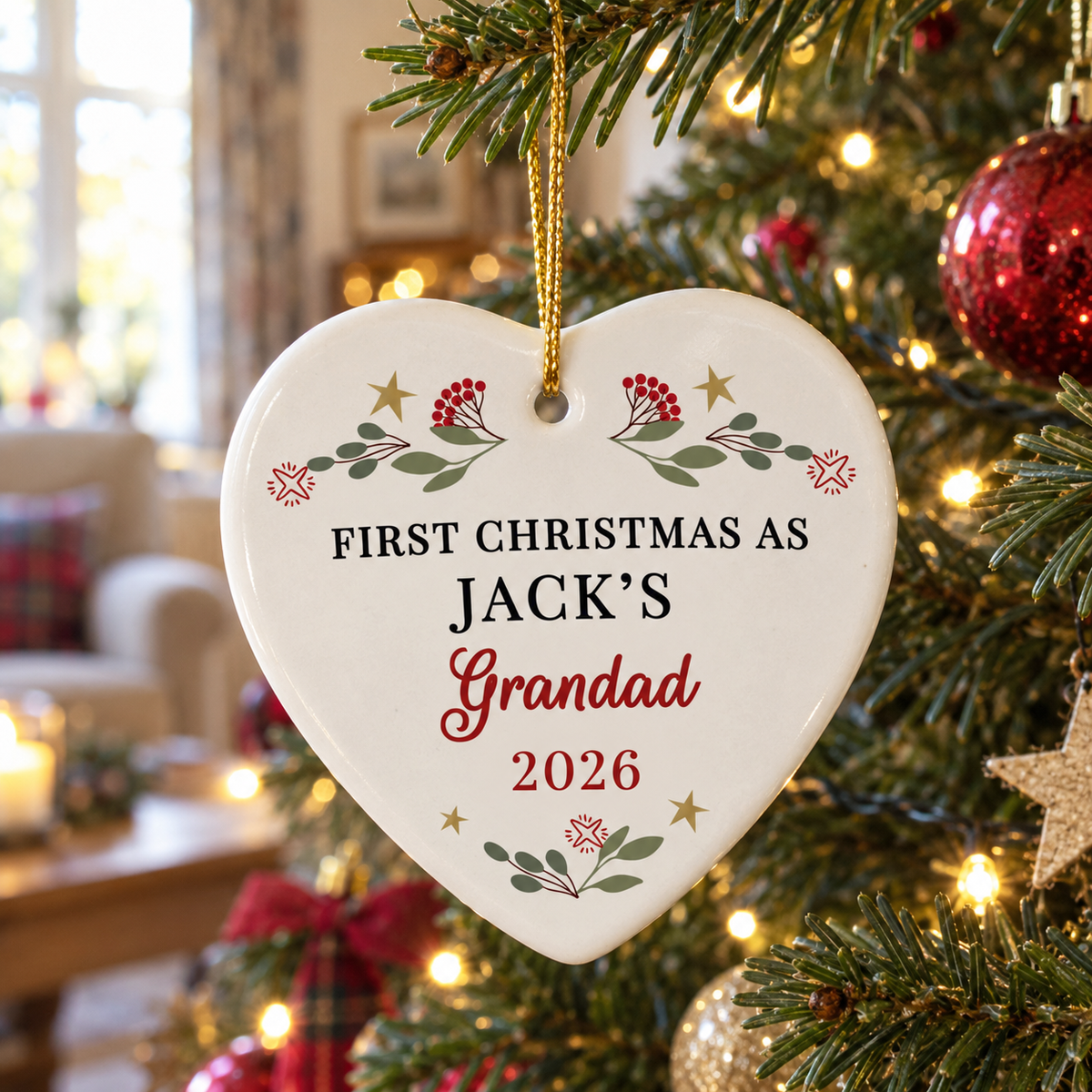 Personalised First Christmas as Grandparents ceramic heart hanging on a Christmas tree