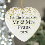 Personalised First Christmas as Mr & Mrs Ceramic Heart Decoration with personalised text, view 5