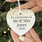 Personalised First Christmas as Mr & Mrs ceramic heart decoration hanging by the tree