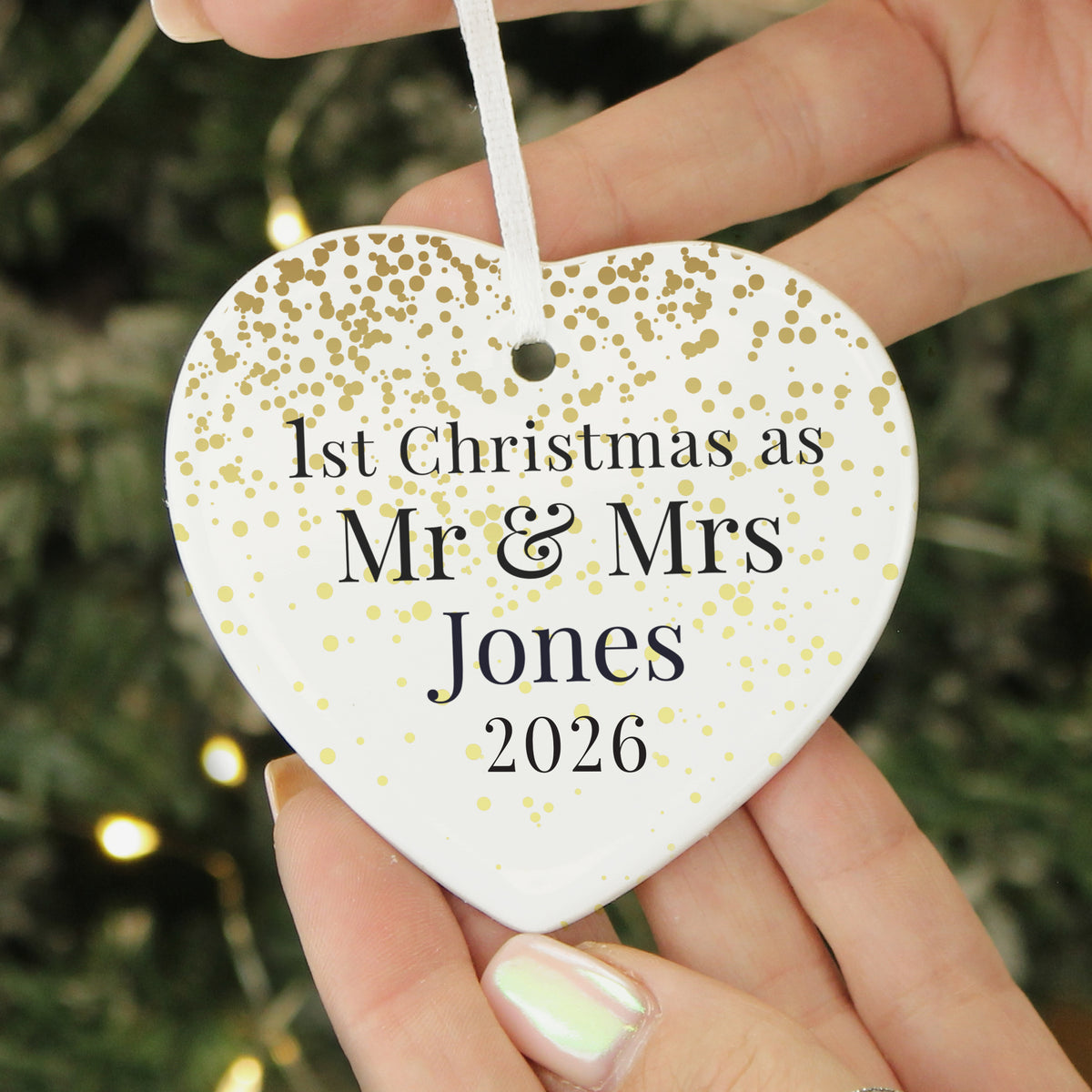 Personalised First Christmas as Mr & Mrs ceramic heart decoration hanging by the tree