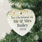 Personalised First Christmas as Mr & Mrs Ceramic Heart Decoration with personalised text, view 2