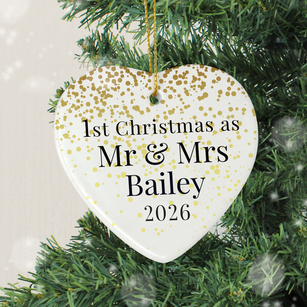 Personalised First Christmas as Mr & Mrs Ceramic Heart Decoration with personalised text, view 2