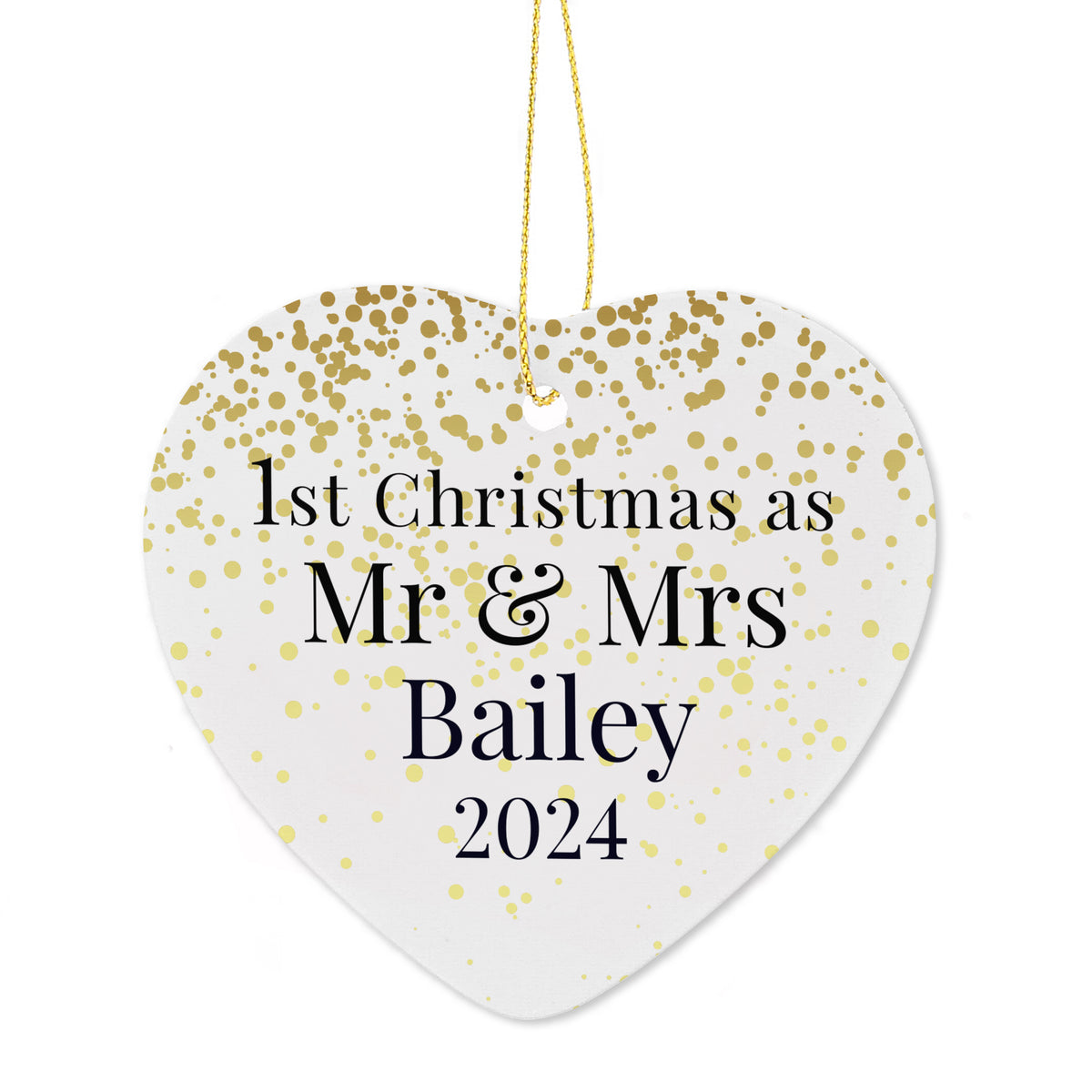 Personalised First Christmas as Mr & Mrs Ceramic Heart Decoration with personalised text, view 3