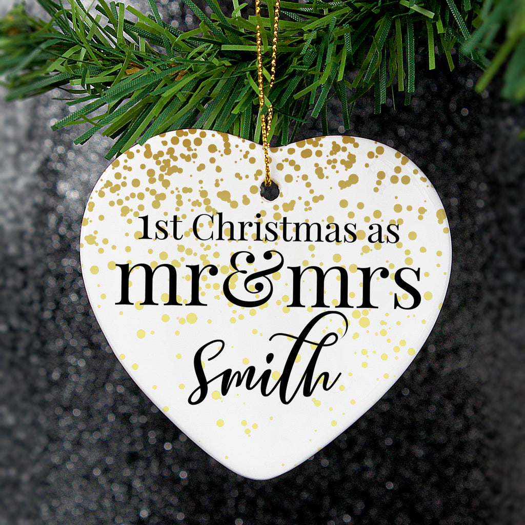 Personalised First Christmas as Mr & Mrs Ceramic Heart Decoration with personalised text, view 4
